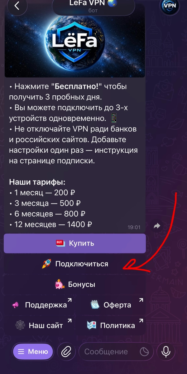 рис. 1 — кнопка «Подключиться» в боте